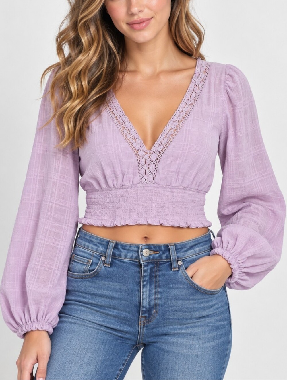 Aeropostale Women's Lilac Crochet Trim Smocked Crop Top Size L NWT